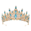 Close-up of golden bridal crown featuring blue teardrop gems and floral patterns - Gold Lake Blue Rhinestone