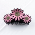 Pinza per capelli nera con margherite rosa e centri dei fiori a scacchi gialli - Pinza Capelli Triplo Fiore / Stile Margherita Rosa (B31-1-24)