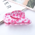 Pink and white cow print hair claw clip in a stylish western cowboy hat shape - Pink and White Cow Print Style (D7-2-19)