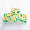 Transparent rectangular hair claw clip with green clover and yellow horseshoe patterns - Horseshoe Lucky Charm Style (C8-1-20)