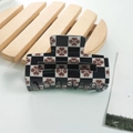 Checkerboard square hair claw clip with brown clover pattern in black and white finish - B&W Checkerboard Clover (A3-2-13)