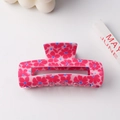 Pink rectangular hair claw clip with vibrant red floral patterns and blue accents - Pink Base Floral Style (B2-2-14)