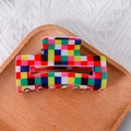 Large hair claw clip with colorful checkerboard pattern in polished acetate finish - Multicolor Checkerboard (C9-1-9)