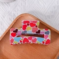 Rectangular hair claw clip with colorful heart pattern and grid details on white base - Colorful Hearts Style (C9-1-1)