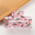 Roze doorschijnende haarklem met kleurrijke regenboog en witte wolk cartoon print - Roze Basis Regenboogwolken (A21-2-7)