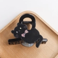 Simpatica molletta per capelli a gatto nero con fiocco rosa in acrilico lucido - Stile Gatto Nero (D3-3-2)