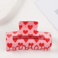 Pink rectangular hair claw clip with red heart patterns and polished finish - Light Pink with Red Dotted Hearts (c1-3-23)