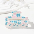 Square floral hair claw clip in white pearlescent finish with blue and pink flower patterns - Blue Pink Flower
