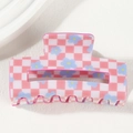 Pinza per capelli rettangolare con motivo a scacchi rosa e bianco e piccoli fiori blu - Plaid Rosa Bianco con Fiore Blu (A19-4-19)