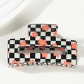 Pinza per capelli con motivo a scacchi bianco e nero e fiori rosa per capelli folti - Plaid Nero Bianco con Fiore Rosa (A19-4-18)