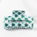 Square hair claw clip with green shamrock prints on a cream white glossy finish - White with Green Shamrock (B9-1-4)