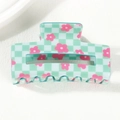 Mint green checkered hair claw clip with pink floral patterns in a square hollow design - Mint Green Plaid with Pink Flower (A19-4-21)