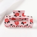 Pinza per capelli rettangolare rosa con motivo a rose rosse e finitura lucida - Base Rosa Rosa Rossa (Piccolo D18-2-6) / Piccolo