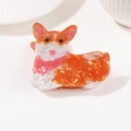 Pince à cheveux motif Corgi en acétate orange et blanc avec texture pailletée - Forme de Corgi Pailleté (D13-3-13)