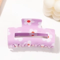 Chic purple rectangular hair claw clip with white daisy floral print and resin finish - Light Purple