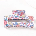Floral print rectangular hair claw clip with French style hollow design in white resin - French White Base Colorful Floral Style (D22-4-20)