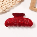 Elegant red marble textured hair claw clip with rhinestones and pearl accents - Begonia Red Marble Arrow Heart Style (C3-1-21)