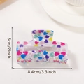 Translucent white square hair claw clip with colorful heart patterns and 8.4cm dimensions - Morandi Colorful Hearts (D4-2-24)