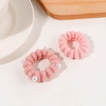 Pink plush elastic hair ties set of two with white pearl decorative accents - Pink