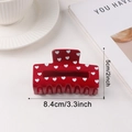 Red hair claw clip with white heart pattern prints and hollow rectangle design - 8.4cm / Red