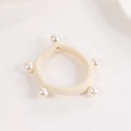 Cream high-elasticity hair scrunchie featuring five elegant white faux pearls decor - Pearl Style (A34-3-5)