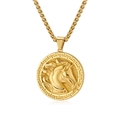Hip hop men's stainless steel gold coin necklace featuring embossed horse head pendant - Necklace Chain / Gold
