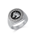 Vintage stainless steel signet ring for men featuring a horse head relief with Greek key border - Size 7 / Steel