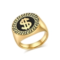 Polished gold stainless steel signet ring featuring a black dollar sign and meander pattern - Gold / Size 7