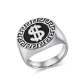 Polished silver stainless steel hip hop signet ring with black dollar sign and Greek key trim - Steel / Size 7