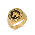 Men's vintage gold stainless steel signet ring with black horse head relief and Greek pattern - Size 7 / Gold