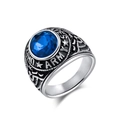 U.S. Army signet ring in stainless steel with a round blue gemstone and eagle emblems - Size 7 / Blue