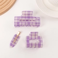Three-piece purple plaid hair clip set with translucent acetate and golden metal finish - Purple Plaid Collection