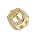 Men's vintage gold stainless steel cross shield ring with cubic zirconia stones - Size 7 / Gold