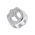 Men's silver shield ring with cross design and zircon inlay in brushed titanium steel - Size 7 / Steel