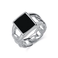 Bague pour homme en acier inoxydable argenté avec pierre noire carrée et anneau gourmette - Taille 8 / Acier Pierre Noire
