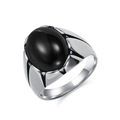 Vintage men's silver stainless steel ring with oval black gemstone in polished finish - Size 7 / Steel Black Stone