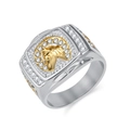 Hip-hop herenring met paardenhoofd van tweekleurig staal met zirkonia hoefijzer detail - Maat 7 / Goud & Zilver