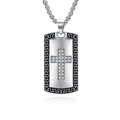 Vintage steel cross dog tag pendant with meander pattern border and diamond cross inlay - With Box Chain / Steel