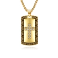 Vintage stainless steel cross necklace for men with full diamonds and Greek key border - With Box Chain / Gold