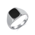 Men's silver stainless steel signet ring with a polished rectangular black onyx inlay - Size 7 / Steel Black Stone