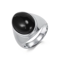 Anillo ancho de acero para hombre con ágata negra ovalada y detalles de borde perlado - Talla 7 / Acero Piedra Negra