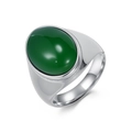Anillo de hombre en acero inoxidable plateado pulido con gema ovalada verde incrustada - Talla 7 / Acero Piedra Verde