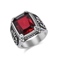 Vintage Herrenring aus Edelstahl mit großem rotem Rubin und eingraviertem Tulpenblumenmuster - Größe 7 / Rot