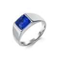 Herrenring aus Edelstahl mit einem großen quadratisch geschliffenen blauen Edelstein - Größe 8 / Stahl Blauer Stein