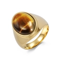 Bague en acier titane doré poli ornée d'une pierre oeil de tigre ovale et bord perlé - Oeil de Tigre Doré