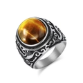 Anello da uomo retrò in acciaio inossidabile con grande pietra occhio di tigre tonda - Taglia 7 / Occhio di tigre color acciaio