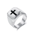 Men's titanium steel square ring with black cross symbol and brushed finish - Size 7 / Steel