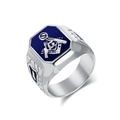 Anillo masónico plateado con emblema de esmalte azul y acabado en acero pulido - Talla 8 / Color acero