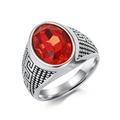 Vintage-Herrenring aus Edelstahl mit großem ovalem rotem Edelstein und griechischem Muster - Größe 8 / Stahl Roter Stein