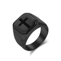 Men's matte black stainless steel signet ring with a brushed finish cross design - Size 7 / Black